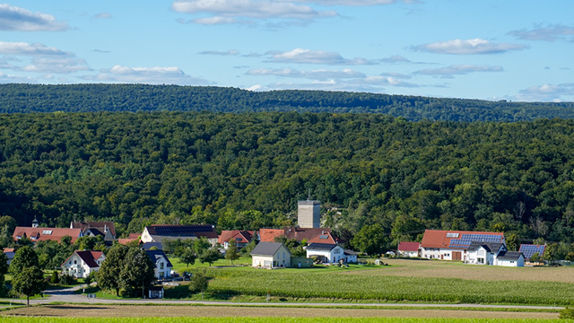 Panoramablick auf Reichenstein, mit einem historischen Burgturm und umliegenden Häusern.